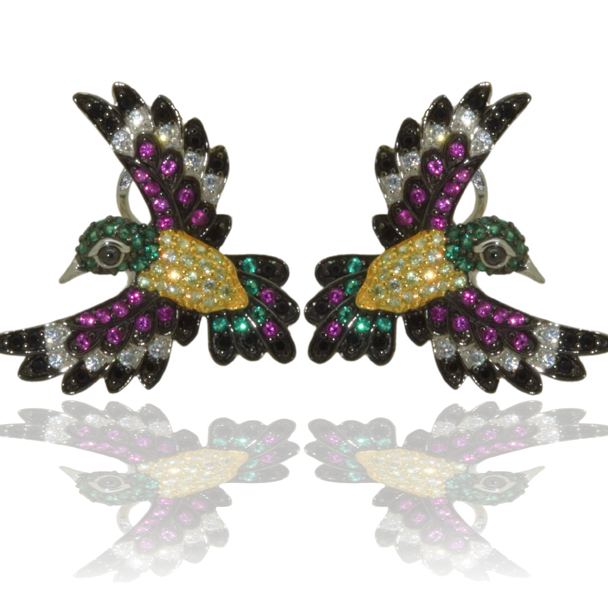 Miccy's Crystal Birds Gold Line oorbellen met reflectie