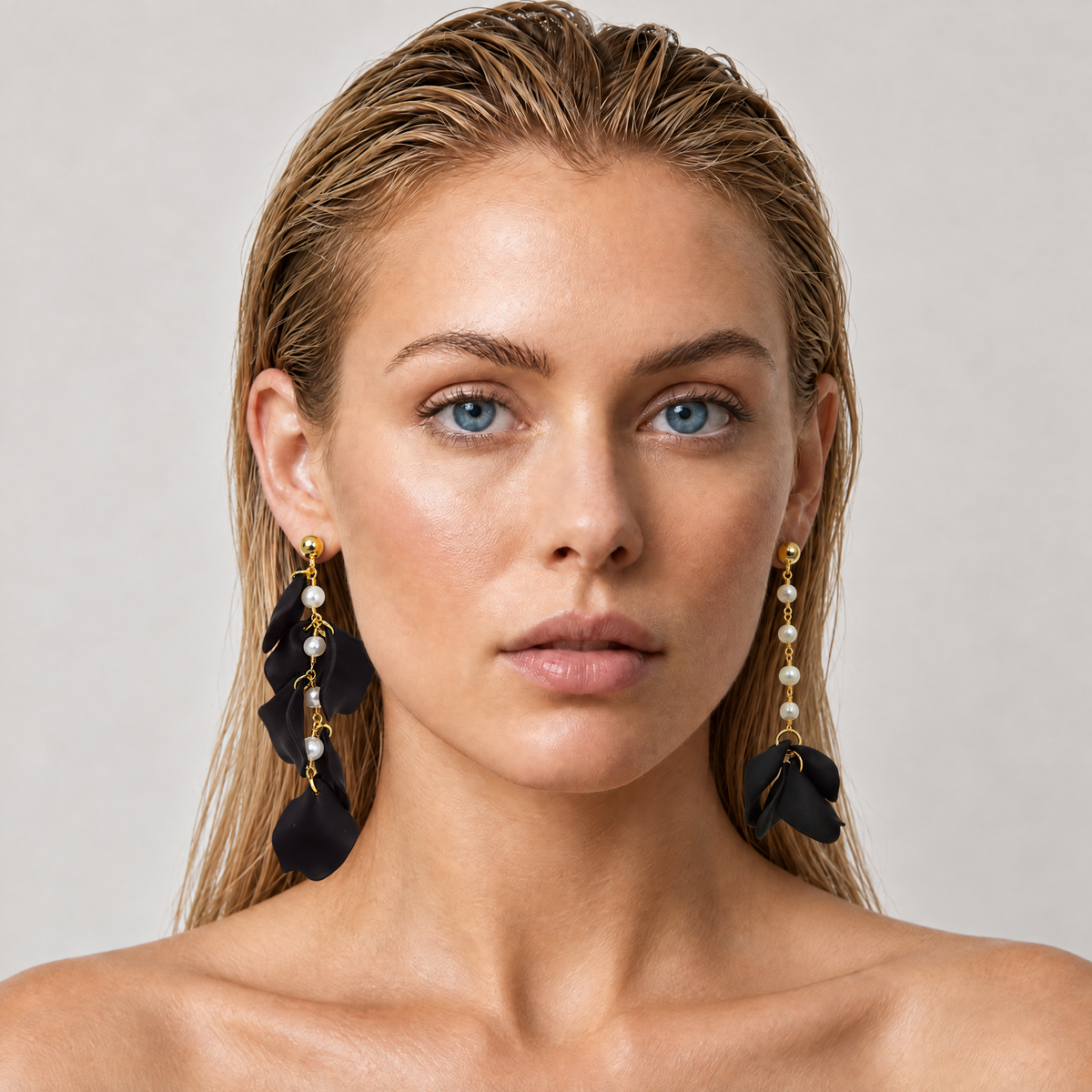 Model wearing Miccy's Rosa Black earrings