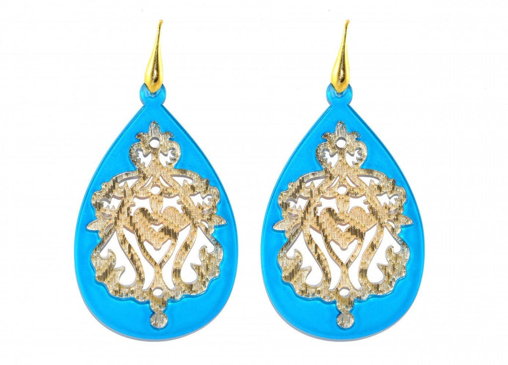 Miccy's | Blue Resin Drops With Golden Ornaments | Resin Earrings