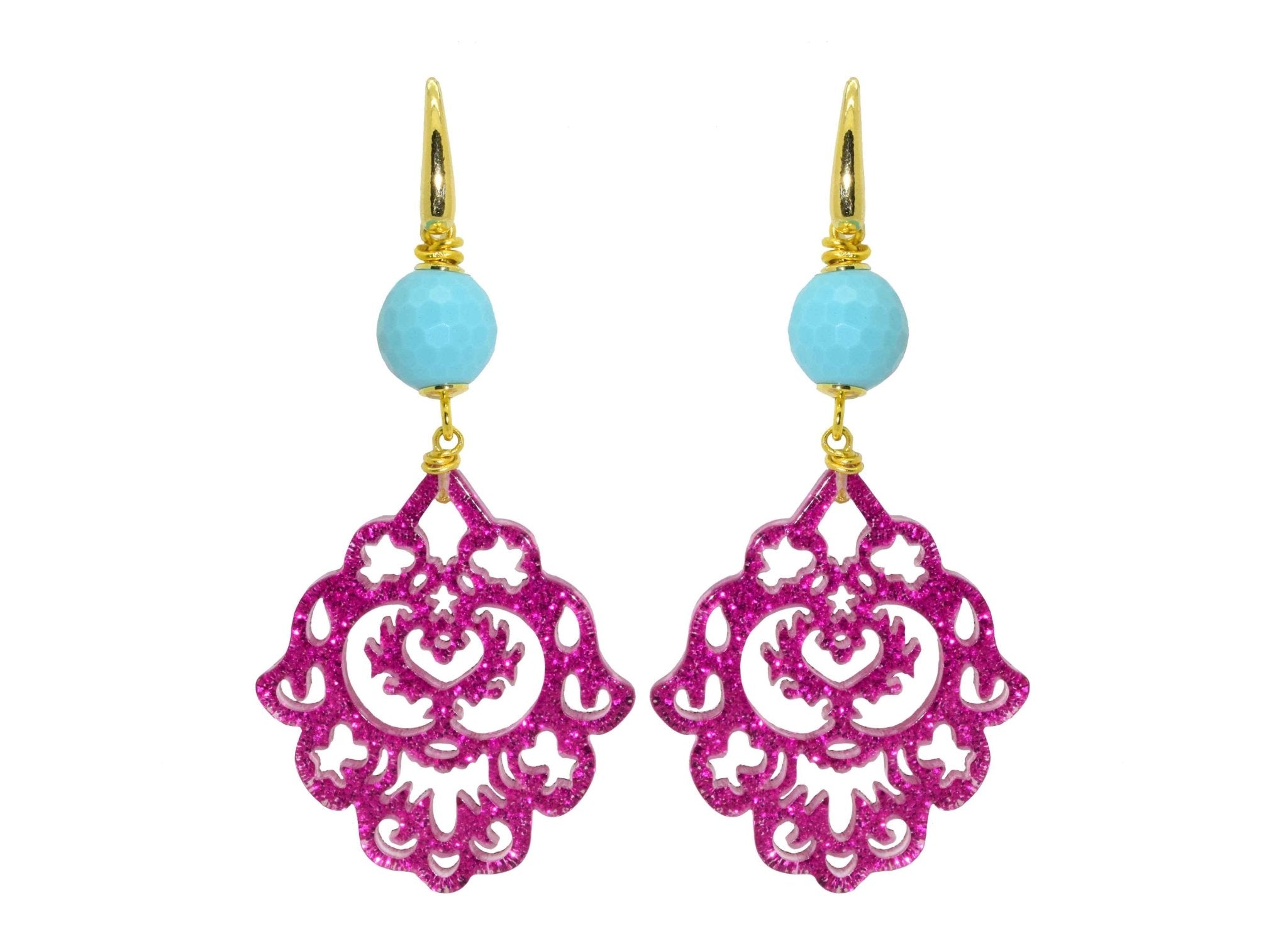 Miccy's | Pink Glitter Ornaments With Turquoise | Petite | Resin Earrings