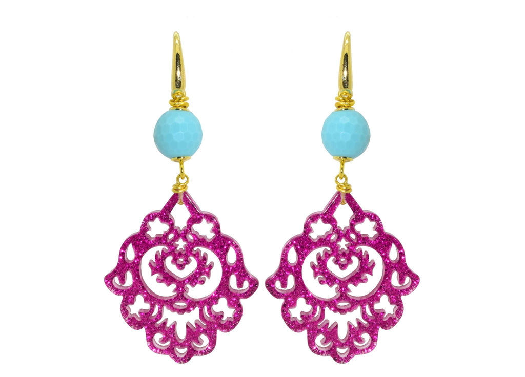 Miccy's | Pink Glitter Ornaments With Turquoise | Petite | Resin Earrings